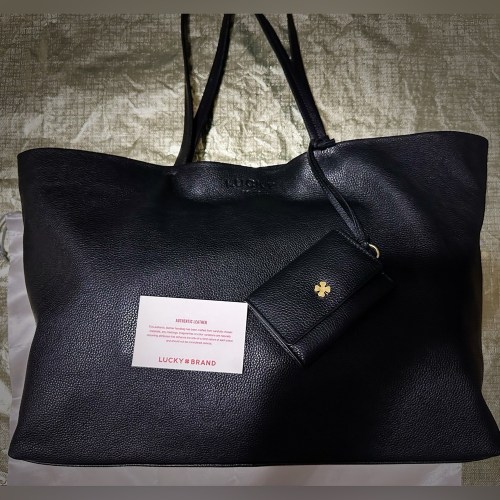 Vintage Y2K Lucky Brand Black soft Leather Tote Bag with keychain wallet laptop - Picture 5 of 17